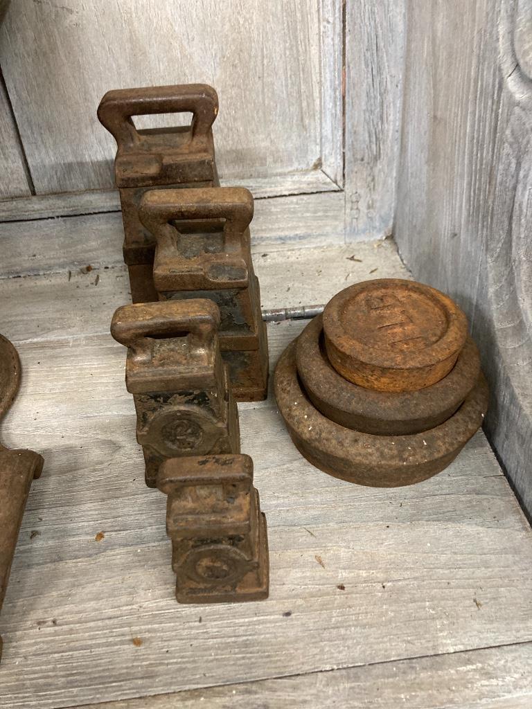 A set of Avery scales, width 40cm and weights, together with additional weights